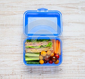 Blue Lunch Box with Vegetables and Sandwich