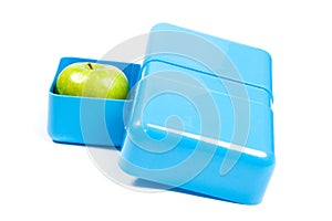 Blue lunchbox with a green apple photo