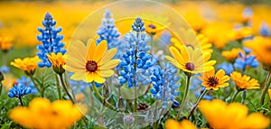 Blue Lupines Amongst Yellow Daisy Wildflowers