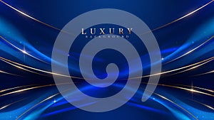 Blue luxury background with golden line decoration and curve light effect with bokeh elements