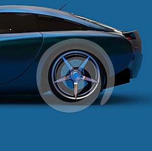 Blue Luxury Car Background with Beautiful Wheel and Brake Parts in the Center. A Modern Car with a Blue Metallic Surface.