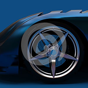 Blue Luxury Car Background with Beautiful Wheel and Brake Parts CloseUp. A Modern Car with a Blue Metallic Surface in Dim Studio.