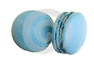 Blue macaron isolated on white background without a shadow closeup. Top view. Flat lay