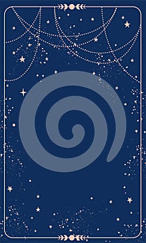 Blue magic background card with stars and space decor with copy space. Natal chart for astrology, tarot, predictions. Boho vector