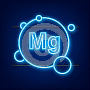 Blue magnesium neon sign. Magnesium mineral. Mg pill capsule. Vector stock illustration.