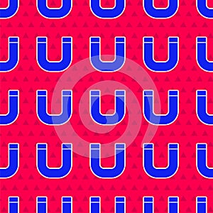Blue Magnet icon isolated seamless pattern on red background. Horseshoe magnet, magnetism, magnetize, attraction. Vector