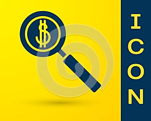 Blue Magnifying glass and dollar symbol icon isolated on yellow background. Find money. Looking for money. Vector