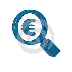 Blue Magnifying glass and euro symbol icon isolated on transparent background. Find money. Looking for money.