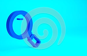 Blue Magnifying glass icon isolated on blue background. Search, focus, zoom, business symbol. Minimalism concept. 3d