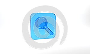 Blue Magnifying glass icon isolated on grey background. Search, focus, zoom, business symbol. Glass square button. 3d