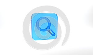 Blue Magnifying glass icon isolated on grey background. Search, focus, zoom, business symbol. Glass square button. 3d