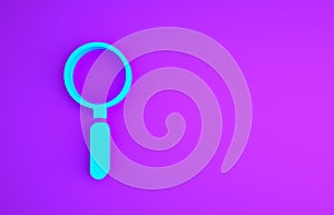 Blue Magnifying glass icon isolated on purple background. Search, focus, zoom, business symbol. Minimalism concept. 3d