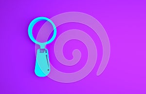 Blue Magnifying glass icon isolated on purple background. Search, focus, zoom, business symbol. Minimalism concept. 3d