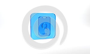 Blue Magnifying glass and mobile icon isolated on grey background. Search, focus, zoom, business symbol. Glass square