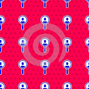 Blue Magnifying glass for search a people icon isolated seamless pattern on red background. Recruitment or selection