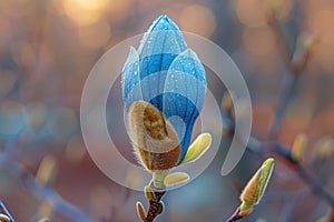 Blue magnolia bud with morning dew