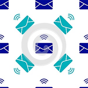 Blue Mail and e-mail icon isolated seamless pattern on white background. Envelope symbol e-mail. Email message sign
