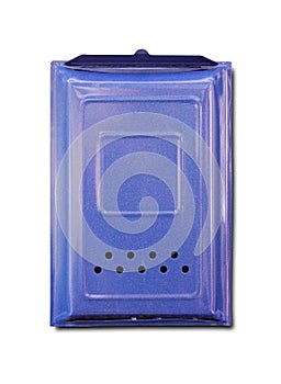 Blue mailbox. Close up. Isolated on white background