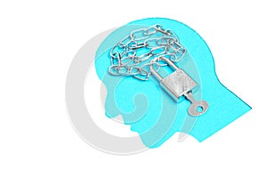 Blue male head profile and locked padlock on white