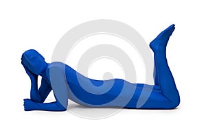 Blue man in morphsuit lying on the floor