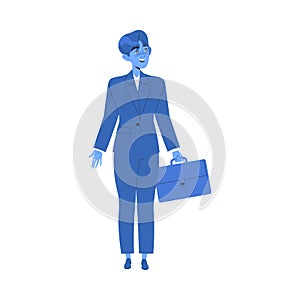 Blue Man Office Worker in Suit with Briefcase Engaged in Business Career Development Vector Illustration