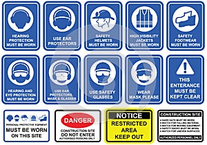 Blue mandatory set of safety equipment signs in white pictogram photo