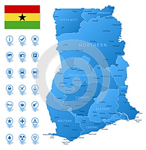 Blue map of Ghana administrative divisions with travel infographic icons.