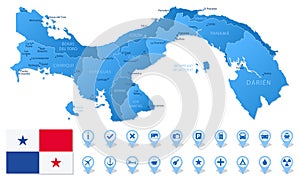 Blue map of Panama administrative divisions with travel infographic icons.