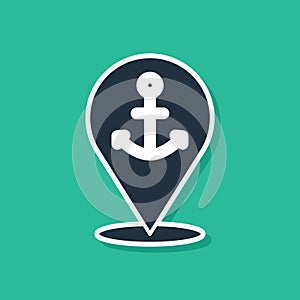 Blue Map pointer with anchor icon isolated on green background. Vector