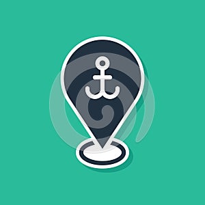 Blue Map pointer with anchor icon isolated on green background. Vector