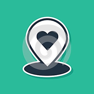 Blue Map pointer with heart icon isolated on green background. Valentines day. Love location. Romantic map pin. Vector