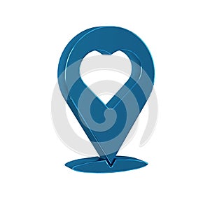 Blue Map pointer with heart icon isolated on transparent background. Valentines day. Love location. Romantic map pin.