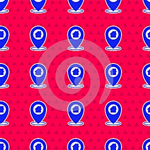 Blue Map pointer with house icon isolated seamless pattern on red background. Home location marker symbol. Vector