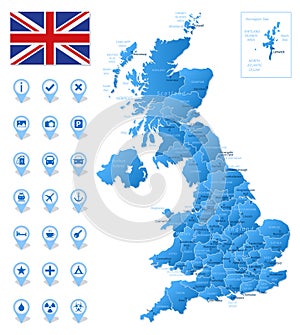 Blue map of United Kingdom administrative divisions with travel infographic icons.