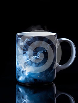 Blue Marble Coffee Mug on Black Background.