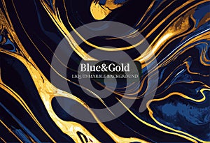 Blue Marble and gold liquid paint abstract background vector. Marbling wallpaper design with natural luxury style swirls