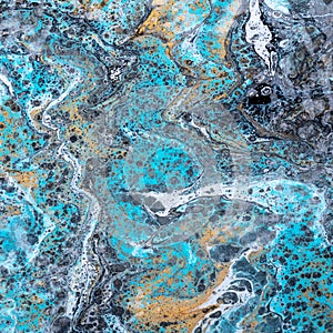 Blue marble wallpaper. Waves modern art. Liquid paints on canvas, ink texture, swirl pattern, painted background, drawing.
