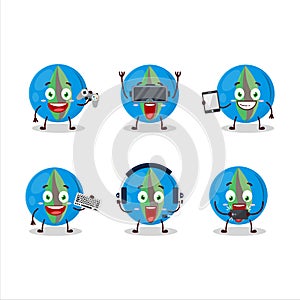 Blue marbles cartoon character are playing games with various cute emoticons