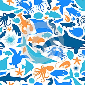 Blue marine fish animal icon seamless pattern