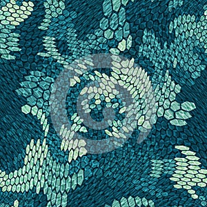 Blue marine halftones hexagon snake skin. Seamless geometric vector texture