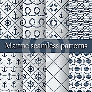 Blue marine seamless patterns set