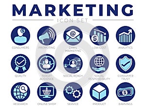 Blue Marketing Icon Set. Consumers, Promotion, Email Marketing, Low Cost, Analytics, Quality, Target Audience, Social, Trust, photo