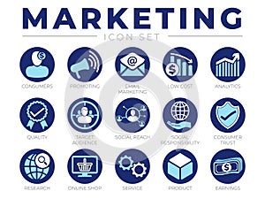 Blue Marketing Icon Set. Consumers, Promotion, Email Marketing, Low Cost, Analytics, Quality, Target Audience, Social, Trust,