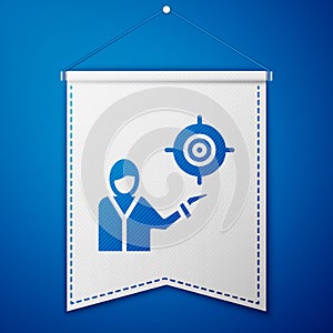 Blue Marketing target strategy concept icon isolated on blue background. Aim with people sign. White pennant template