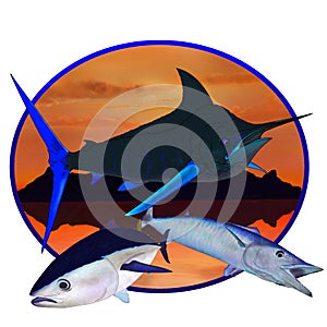 A blue marlin, bluefin tuna and wahoo with a tropical island background
