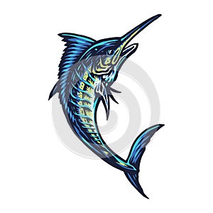 Blue marlin fish  hand drawn line style with digital color