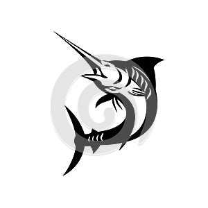 Blue Marlin Fish Jumping Shield Crest Retro Black and White