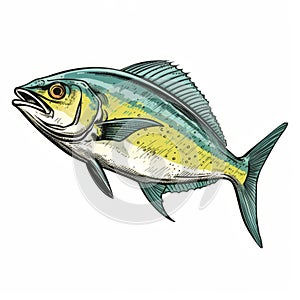 Detailed Ink Illustration Of Blue And Yellow Fish Swimming On White Background