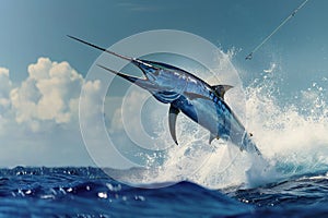 Blue Marlin Leaping Out of the Water - Majestic Ocean Predator in Action, A giant marlin leaping out of the water with a fishing