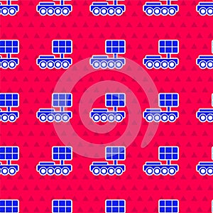 Blue Mars rover icon isolated seamless pattern on red background. Space rover. Moonwalker sign. Apparatus for studying